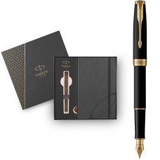 Набір Parker Sonnet Matte Black Lacquer GT FP F, перова ручка + блокнот Parker у подар. пак.