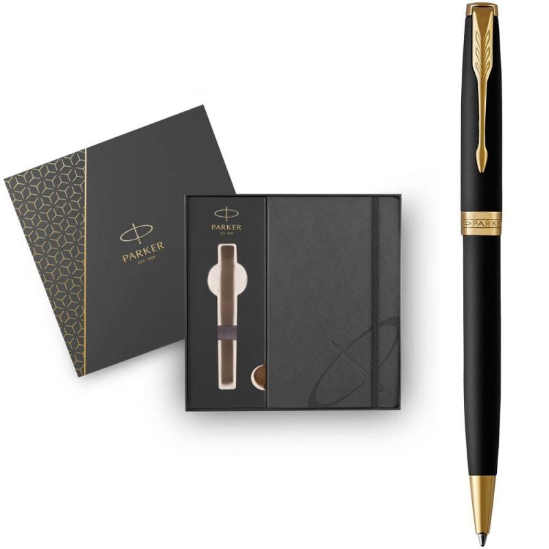 Набір Parker Sonnet Matte Black Lacquer GT BP, ручка кулькова + блокнот Parker у подар. пак.