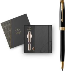 Набор Parker Sonnet Black Lacquer GT BP, шариковая ручка + блокнот Parker в подар. упак.