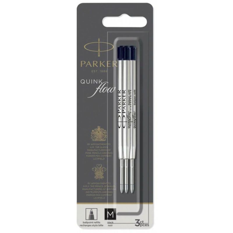 Стержни шариковые Parker QuinkFlow, размер M, 3 шт, черные, блистер
