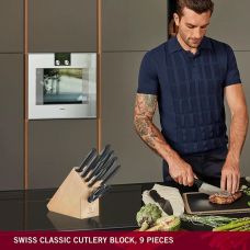Набор кухонный Victorinox SwissClassic Cutlery Block с черн. ручками, 9 пред (6 ножей/точило/вилка/ножницы), с подставкой