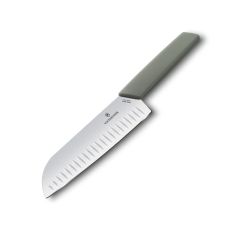 Кухонний ніж Victorinox Swiss Modern Santoku, 17 см, рифл., з зел. ручкою, блістер