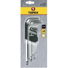 Ключі шестигранні TOPEX, довгі, кулястий наконечник, CrV, 1.5-10мм, набір 9шт