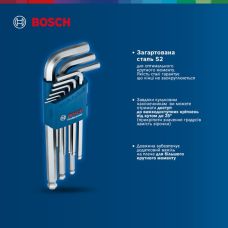 Ключі шестигранні Bosch Professional, кулястий наконечник, набір 9шт