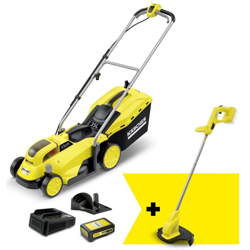 Набор газонокосилки и триммер садовый аккумуляторные Karcher LMO 18-33+LTR 18-25+Starter kit 18В 1х2.5А·час 33см 35-65мм 35л