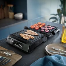 Гриль Philips прижимной Series 7000, 2200Вт, съемные пластины, термощуп, раскрытие на 180°, металл, черный