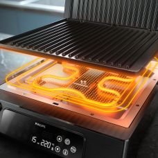 Гриль Philips прижимной Series 7000, 2200Вт, съемные пластины, термощуп, раскрытие на 180°, металл, черный