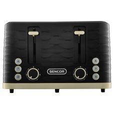 Тостер Sencor 1600Вт, підігрів, розморожування, 4 слоти, пластик, чорно-золотий