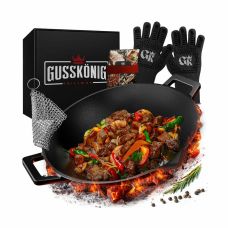 Чавунна пательня WOK Gusskönig 36 см + книга рецептів, жаростійкі рукавички, очищувач