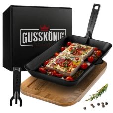 Прямокутна чугунна пательня Gusskönig 28,5 см + з знімна ручка, сервірувальна дошка з акації і книга рецептів