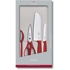 Набір кухонний Victorinox SwissClassic Kitchen Set з черв. ручками, 4 пред (2 ножі/ножиці/овочечистка), подарункове пакування