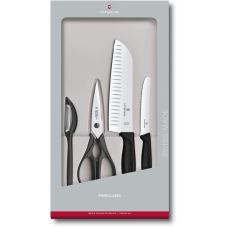 Набор кухонный Victorinox SwissClassic Kitchen Set с черн. ручками, 4 пред (2 ножа/ножницы/овочечистка), подарочная упаковка